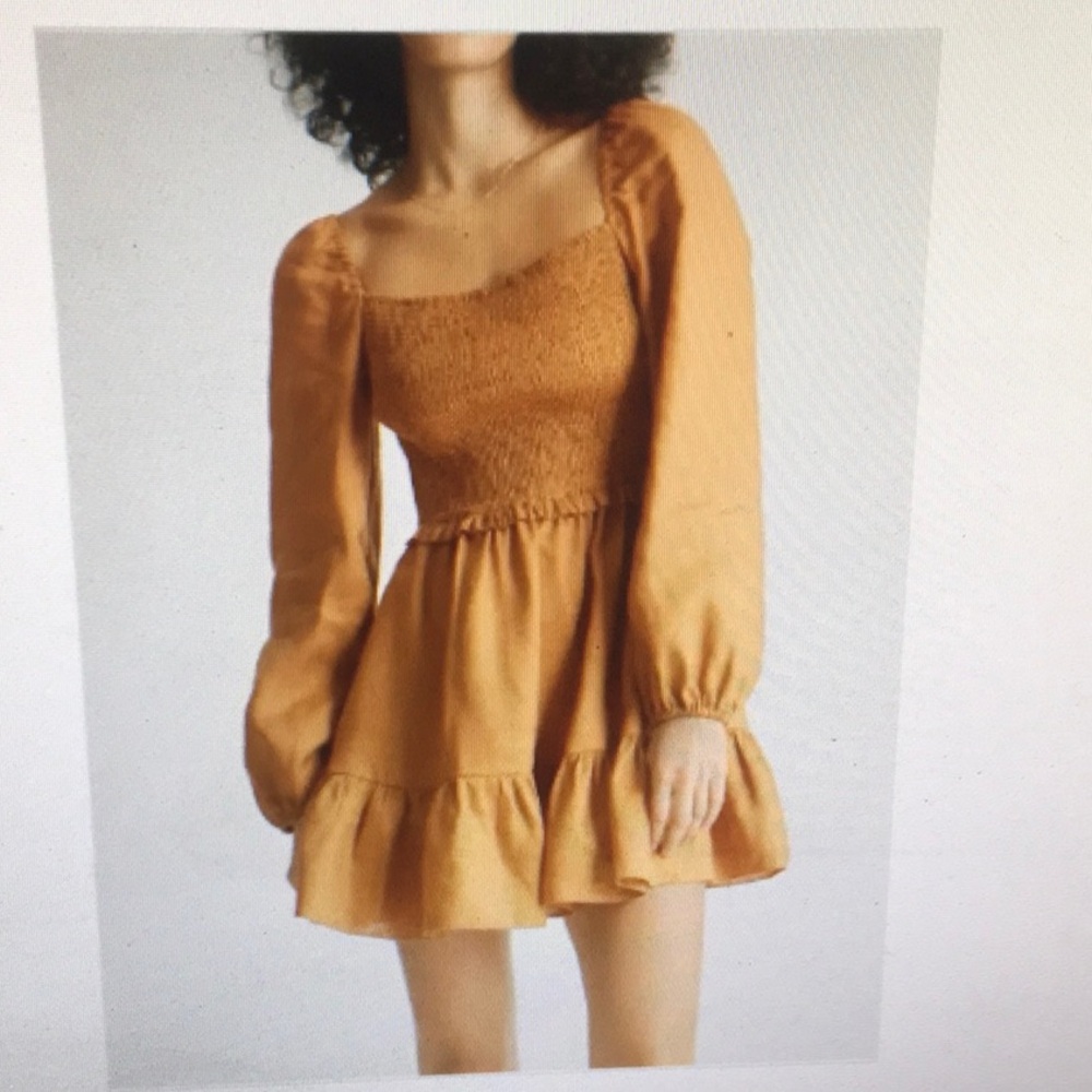 QUINCE/“CARAMEL COGNAC”100% LINEN-EUROPEAN SMOCKED BABYDOLL MINI DRESS/NEW